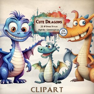 Könnte beinhalten: Drei Cartoon-Drachen in verschiedenen Posen. Die Drachen sind blau, grün und orange. Der Text "CUTE DRAGONS" befindet sich in einem Banner über den Drachen. Der Text "20 X UNIQUE STYLES" befindet sich unter dem Banner. Der Text "High Res - Commercial use" befindet sich unter dem Text "20 X UNIQUE STYLES". Der Text "2K 300 DPI" befindet sich in einem Kreis unter dem Text "High Res - Commercial use". Der Text "CLIPART" befindet sich am unteren Rand des Bildes.