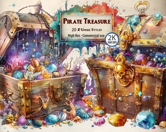 Lot de cliparts Trésor des pirates : illustrations de pirates aventureux et de coffre au trésor pour soirées à thème, contenu éducatif et travaux manuels