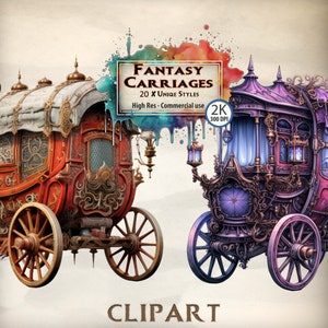 Transport Clipart Fantasy Wagon conte de fées magique sur le thème diligence vintage redevance Brougham Landau style Junk Journal PNG