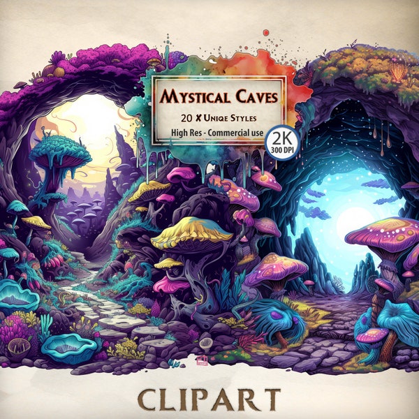 Mystical Caves Clipart Bundle: Enchanted Cave Illustrations for Fantasy Maps, Storytelling, and Magical Projects - Digital Download