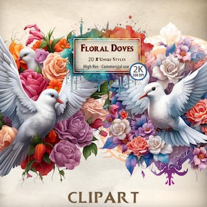 Colombes florales Clipart Mariage Graphiques sur le thème Amour Colombes Illustrations Oiseau et Fleur Clipart Fleuriste Oiseaux Colombe Blanche PNG Transparent