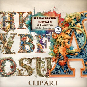 Art Nouveau verlichte initialen Clipart Bundel Volledig Engels Alfabet Mystieke Illustratie Fantasy Novel Clipart Magic PNG File Download