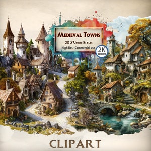 Paquete de imágenes prediseñadas de ciudades medievales: ilustraciones de pueblos históricos para mapas de fantasía, narraciones y proyectos educativos - Descarga digital