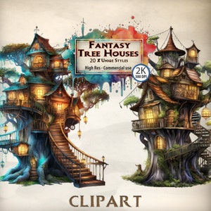 Treehouse Clipart Fantasy Forest Elf Village betoverd sprookjesbos mystiek bos boomhut clipart bundel illustratie