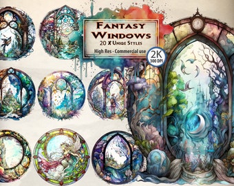 Aquarell Glasmalerei Clipart: Fantasy Fensterbilder Mandala (PNG Digital Download)