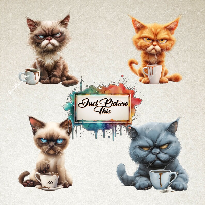Grumpy Cats Clipart Bundle: Humorous Feline PNG Illustrations (digital ...