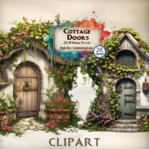 Paquete de imágenes prediseñadas de puertas de la cabaña Puertas florales de fantasía Entrada de la casa de cuento de hadas Ilustraciones rústicas de la cabaña Puerta del jardín del bosque PNG
