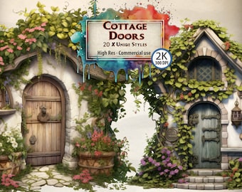 Cottage Doors Clipart Bundle Fantasy Floral Doors Fairytale House Entrance Rustic Cottagecore Illustrations Woodland Garden Door PNG