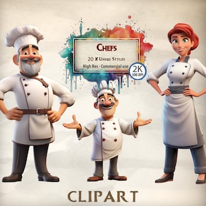 Chef Clipart Cute Character Bambini's Cooking Clipart Montessori Cards Home Cooking Donne Chef con cappelli da chef Illustrazioni File PNG