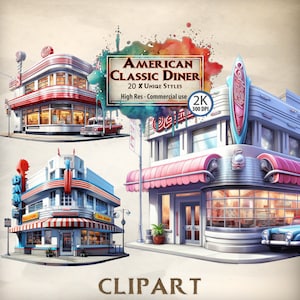 American Diner Clipart Classic Vintage Retro Building Illustraties USA Food Restaurant Booth Ouderwetse PNG-kaartafbeeldingen