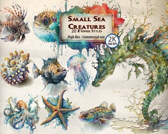 WaterColour Sea Creatures ClipArt Bundle Beautiful Animal Clipart Small Marine Life Junk Journal Scrapbook PNG Transparent Instant Download