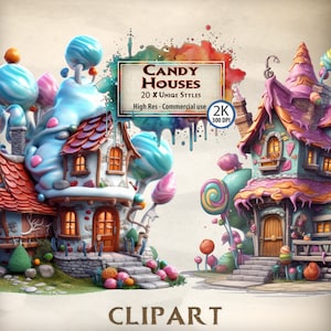 Clipart cukierkowy Domek cukierkowy Clipart Pakiet Trzcina bawełniana Lizak Słodycze Domek Halloween Galaretka Tematyczne Batony Czekoladowe PNG Przezroczysty