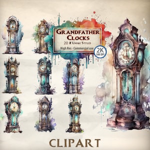 Grand-père horloge ClipArt aquarelle vintage horloge ClipArt Bundle Fantasy grand horloge indésirable Journal vieux monde Scrapbook PNG fichier Transparent