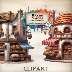 Baker Clipart Fantasy Bakers shop cuento de hadas para hornear postres encantados pasteles de pan de jengibre ilustraciones de novela clásica vintage