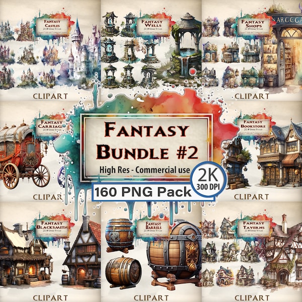 Fantasy Clipart Bundle Massive Magic Props PNG Graphics Castle Wells Boutiques Calèches Librairie Fantasy Forgeron Tonneaux Tavernes médiévales