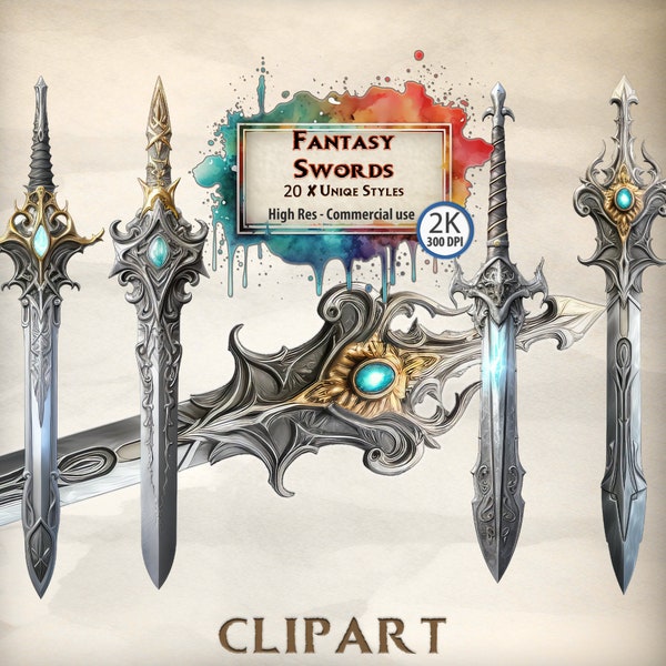 Fantasy Sword Clipart: Enchanted Knight Weapon Graphics - Magical Dagger RPG Style Themed - Angel Sword Illustrations PNG