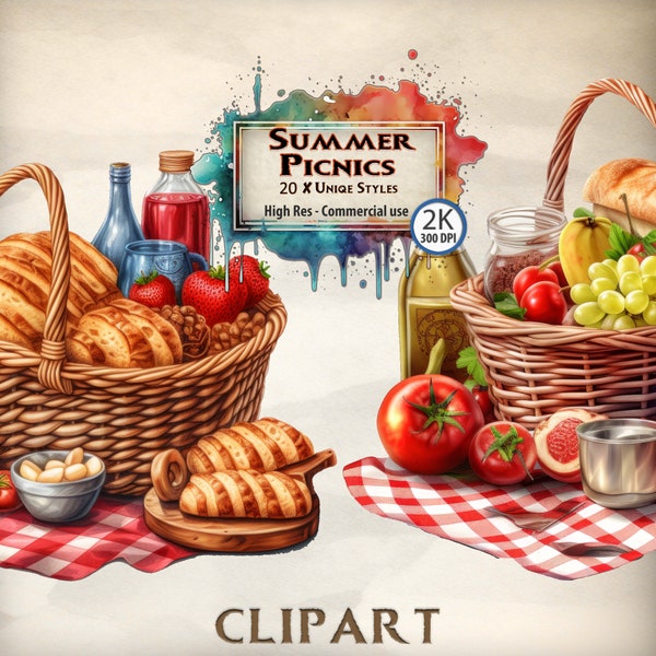 Picnic Clipart Summer outdoor food hamper Nature blanket basket Wine family kitchen decor table cloth camping date PNG transparent