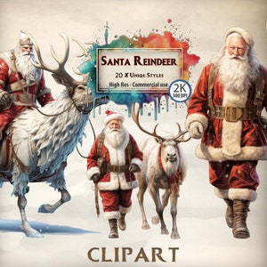 Clipart de Noël Père Noël et rennes graphiques vacances festives père Noël Illustrations Noël neige Clipart utilisation commerciale fichiers PNG