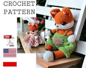 May include: Crochet pattern for a fox doll in a pink dress and a fox doll in overalls. The pattern is available in PDF format and includes instructions in English and Polish.