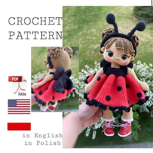 Patrón de ganchillo de mariquita, Patrón de muñeca de ganchillo, Patrón de mariquita de muñeca amigurumi, Patrón de muñeca de mariquita con ropa, PDF en inglés