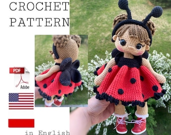 crochet pattern ladybird, crochet doll pattern, amigurumi doll ladybird pattern, ladybug doll with clothes pattern, English PDF