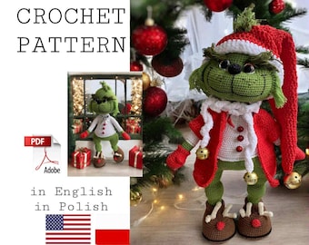 May include: A crocheted Grinch doll wearing a red and white outfit with a long red hat and gold bells. The doll is green with a smiling face and is standing in front of a Christmas tree. The image includes the text "CROCHET PATTERN".