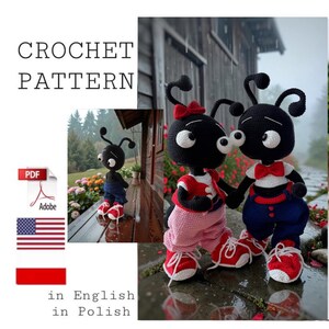 May include: Crochet pattern featuring two black amigurumi ants, one with a red bow and pink pants, the other with a red bow tie and blue pants. Both wear red sneakers. The text "CROCHET PATTERN" is displayed.
