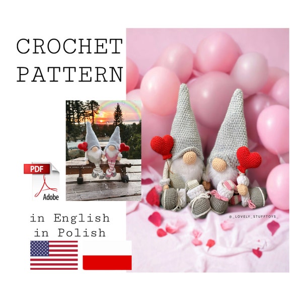 Patrón de crochet San Valentín gnomos, lindo Amigurumi PDF inglés polaco