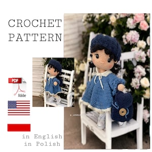 May include: Crochet pattern for a blue and white doll with a blue beret and a blue bag. The pattern is available in PDF format in both English and Polish.