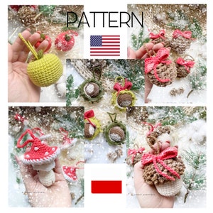May include: A crochet pattern for making Christmas ornaments. The pattern includes instructions for making a variety of ornaments, including apples, mushrooms, pinecones, and chestnuts. The pattern is written in English and includes a color chart.