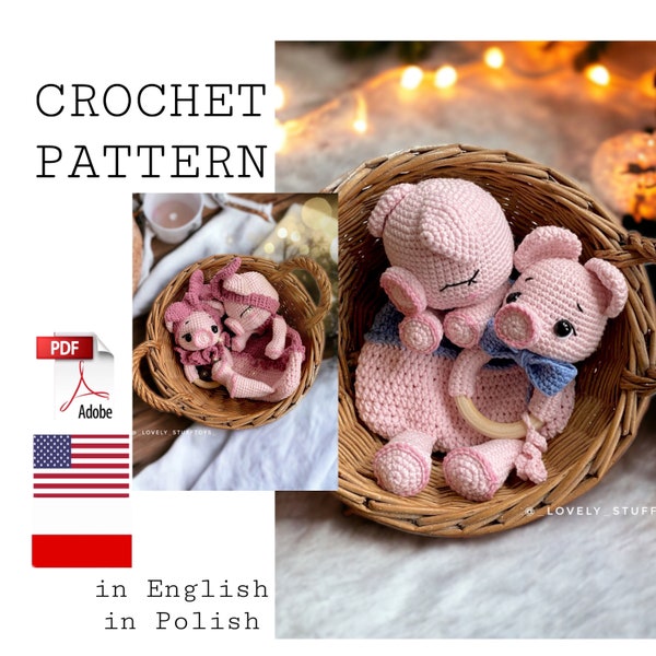 Set of amigurumi piggy and rattle, crochet rattle PDF, amigurumi animals toy, crochet pig and rattle tutorial PDF, crochet pattern teether