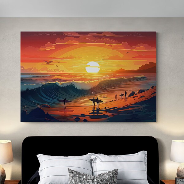 Surfers' Paradise Illustration - Beach Sunset Scene - Ocean Wave Riders - Surfing Wall Art - Instant Download