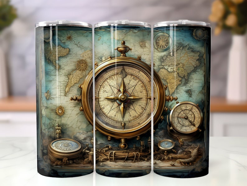 Tesoros del Viejo Mundo: Mapa antiguo y brújula, envoltorio para vaso de 20 oz imagen 8