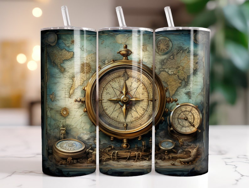 Tesoros del Viejo Mundo: Mapa antiguo y brújula, envoltorio para vaso de 20 oz imagen 9