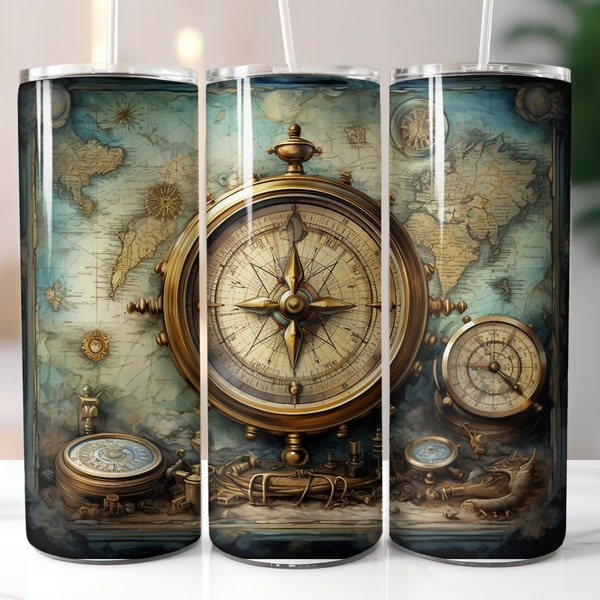 Treasures of the Old World: Antique Map and Compass Tumbler Wrap 20oz