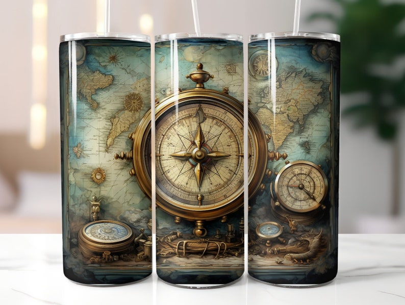 Tesoros del Viejo Mundo: Mapa antiguo y brújula, envoltorio para vaso de 20 oz imagen 1