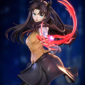 Può includere: Statuetta dettagliata di un personaggio femminile degli anime con lunghi capelli scuri e occhi blu. Indossa un gilet color cachi sopra una camicia bianca e una gonna nera. L'energia rossa emana dalla sua mano e la figura è in posa dinamica. L'immagine include il testo "Patreon.com | Neko Figurines".