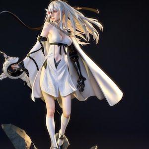 May include: A female figure with white hair, wearing a white dress and cloak, holding a sword and standing on a rocky base. The figure has a white flower in her hair and is wearing black gloves. The background is a dark grey.