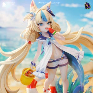 May include: A detailed figurine of a young anime-style character with blonde hair, blue highlights, and fox ears. The character wears a sailor-style outfit and holds a watermelon ice lolly. A yellow bucket and a blue dolphin tail are also visible.