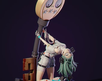 May include: A green-haired anime character is tied to a large, golden key with a stitched-up face. The key is on a dark, rocky base. The character is wearing a white shirt, white shorts, and blue shoes. The text "PATREON | KuruFigure" is at the bottom of the image.