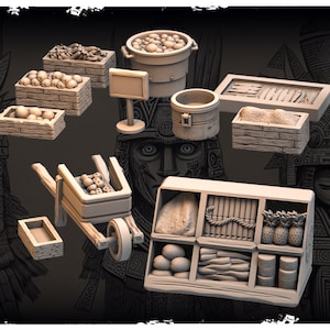 Market Stall Terrain Set 12pcs | 32 mm scaling | Role play accessories | TTRPG Props | 3D Printed Tabletop Fantasy Miniatures | Mojibake