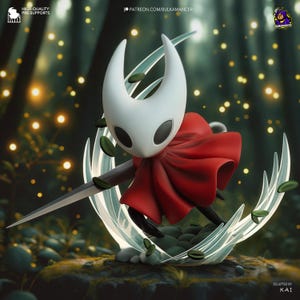 May include: A detailed figurine of a character with a white head, black eyes, and a red cape, holding a silver sword. The figure is set against a blurred forest background with the text "HIGH-QUALITY PRE-SUPPORTS" and "PATREON.COM/BULKAMANCER".