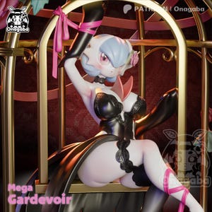 May include: A 3D rendered figure of Mega Gardevoir, a character from the Pokemon series, in a black and white outfit. The figure is posed inside a golden cage with pink ribbons. The figure has light blue hair and pink accents.
