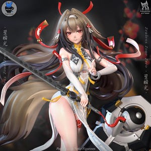 Könnte beinhalten: Detaillierte Figur einer Figur aus "Zenless Zone Zero". Die Figur trägt ein weißes und gelbes Kleid und hält ein Schwert und einen Schild mit einem Yin-Yang-Symbol. Die Figur hat lange braune Haare mit roten Akzenten. Der Text "Zenless Zone Zero" und "Neko Figurines" sind sichtbar.