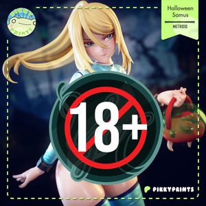 Peut inclure: Figurine blonde de Samus de Metroid, tenant un panier citrouille d'Halloween. La figurine porte une combinaison bleue et blanche. L'image comprend le texte "Halloween Samus" et "METROID". Un grand symbole "18+" est affiché.