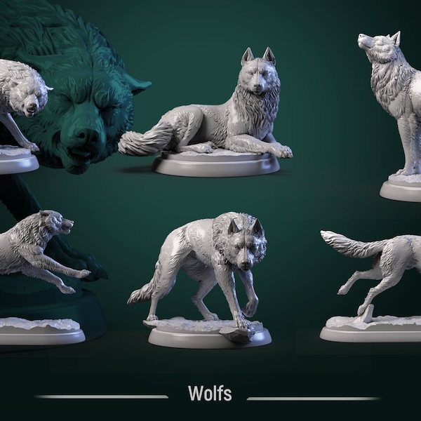 Wolf Set 6 pcs | 1:52 Maßstab, 32mm | Wolf | Wölfe | Begleiter | Vertrauter | Tier | 3D gedruckte Tabletop Fantasy Miniatur | WWT