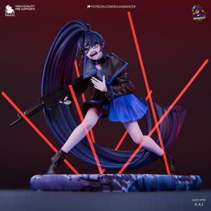 May include: A 3D-rendered figurine of a female character in a dynamic pose, holding a rifle. She wears a black jacket, blue skirt, and has long, dark hair. The image includes red laser-like lines and text that reads "HIGH-QUALITY PRE-SUPPORTS" and "PATREON.COM/BULKAMANCER".