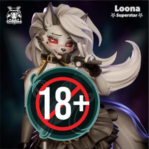 May include: A figurine of a wolf-like character with white fur, red eyes, and a microphone. The figure is wearing a black outfit and a collar. The text "Loona Superstar" is visible. An "18+" symbol is prominently displayed.