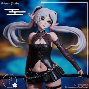 Könnte beinhalten: Eine Gothic-Figur einer weiblichen Figur mit langen, weißen Haaren in Zöpfen und spitzen Ohren. Sie trägt ein schwarzes Outfit mit Korsett, kurzem Rock und Armstulpen. Die Figur hat eine Kreuzkette und rote Ohrringe. Der Text "Frieren (Goth)" ist im Bild enthalten.