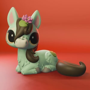 May include: A mint green pony figurine with large black eyes and a white muzzle. The pony has brown hair and a pink flower on its head. The figurine is lying down on a red background.